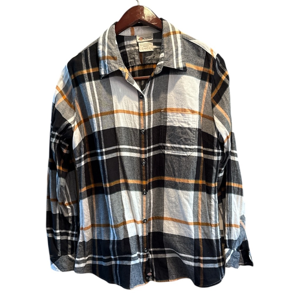 Dickies Women’s Black,White,Yellow Plaid Button Down Flannel Shirt Large